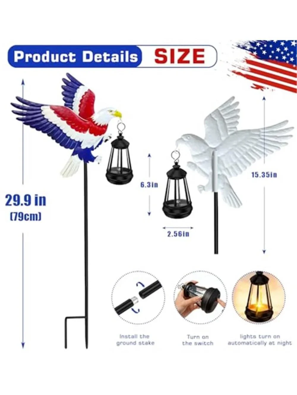 2 Pack 4th of July Decoration Solar Light Solar Eagle Garden Lights with Lantern